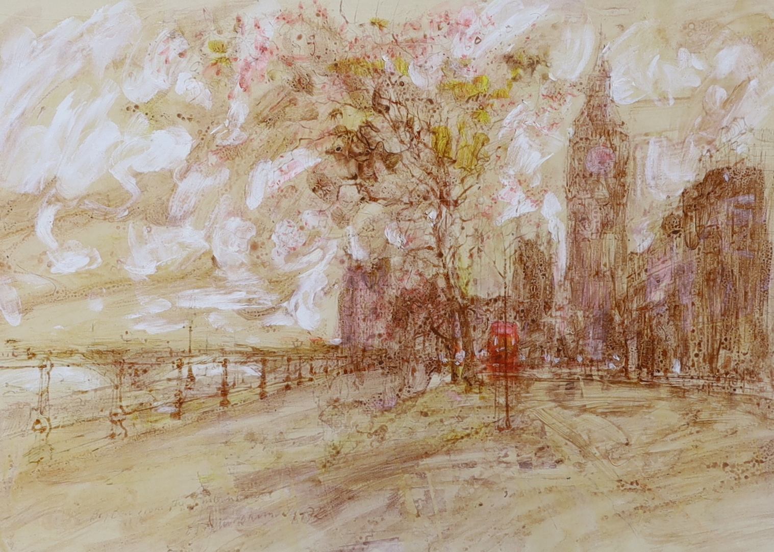 John Kimovic?, mixed media, 'Big Ben from The Embankment', indistinctly signed, 30 x 42cm